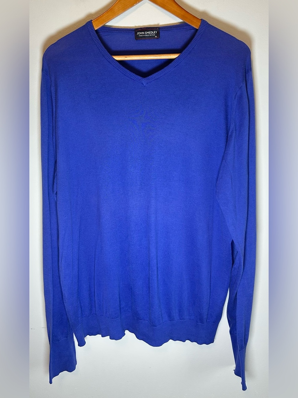 John Smedley Men’s V-Neck Sweater Size XL Blue Purple Sea Island Cotton Jumper